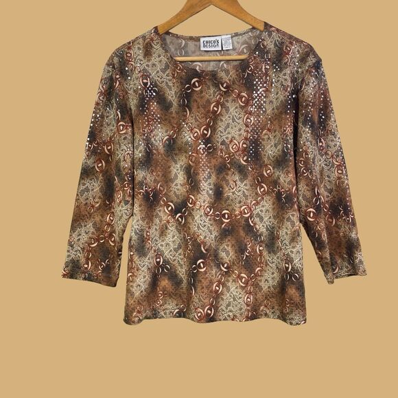 Vintage Chicos Blouse Size 3 Large Chicos BlouseShimmer Rusty Brown Red Cream - Picture 2 of 16